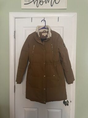Michael Kors Brown Tan Long Quilted Puffer Coat with Faux Shearling Collar